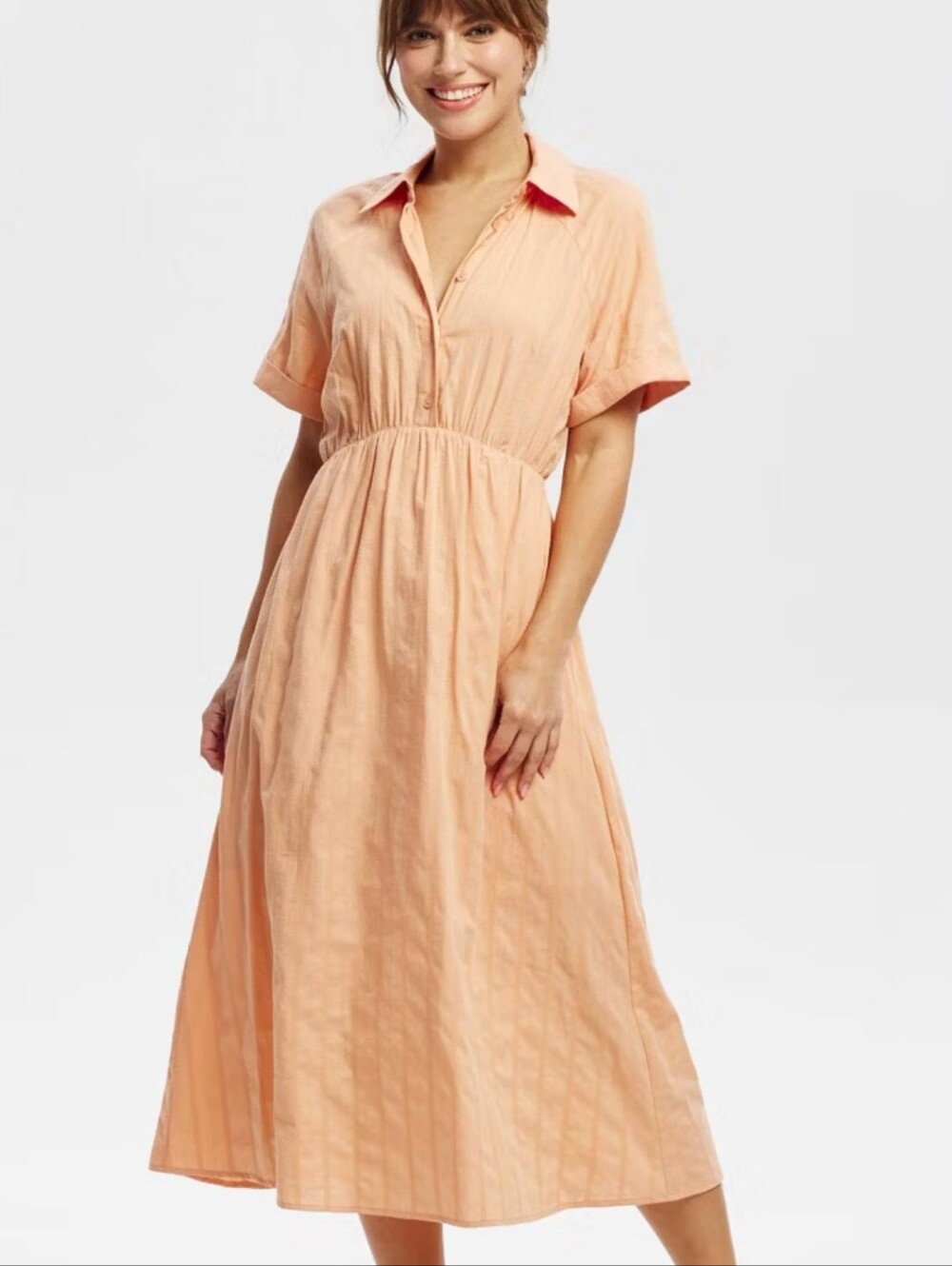 Peach Short-Sleeve Collared Midi Dress